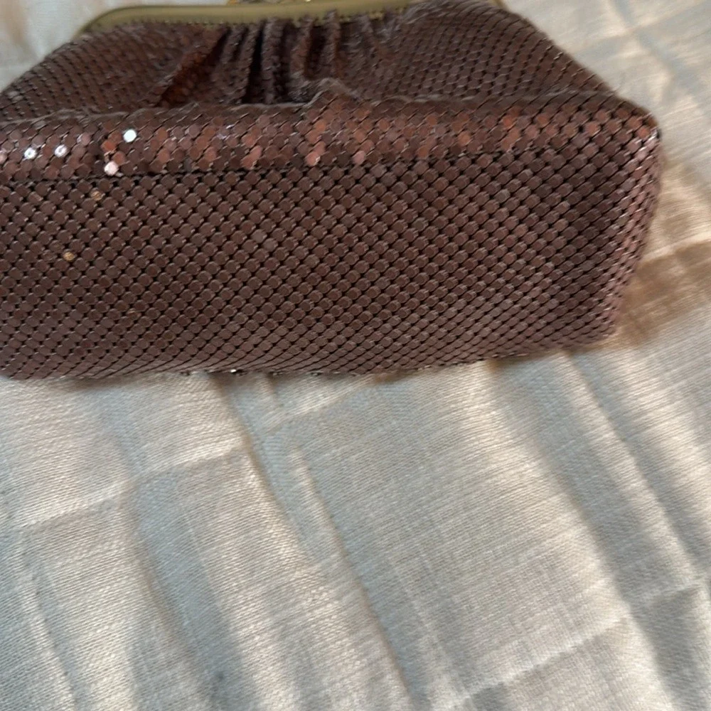 Kate Landry Copper Metal Mesh Evening Clutch Bag Rhinestone Orb Kiss Lock Gold